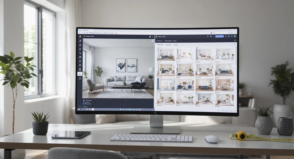 Modern living room with a desktop displaying ai powered interior design visualization tools used for virtual home remodeling and room planning ideas.