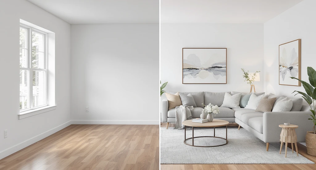 Modern living room split to show unfurnished space and a digitally staged version with AI-powered interior design visualization tools, illustrating how AI transforms home design processes and enhances property marketing with realistic virtual reality for home remodeling and best AI tools for interior decorators.