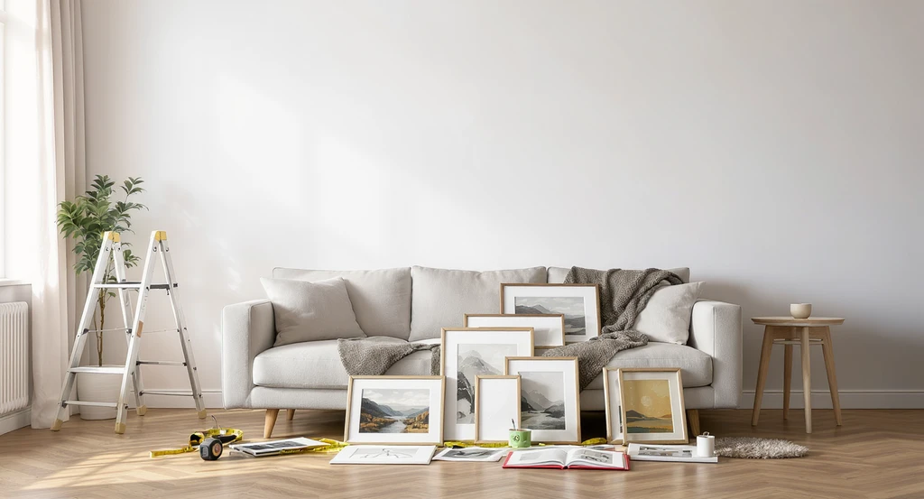 Editorial photorealistic living room with a blank wall, several artworks leaning below, and art placement tools, showing how to choose art for empty rooms and visualize potential in blank spaces to avoid art regrets at home.