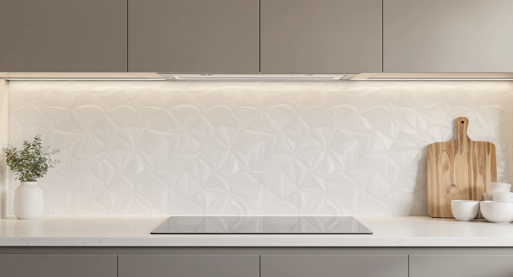 Photorealistic kitchen featuring subtly textured off-white ceramic tile backsplash against smooth surfaces, ideal for visualizing backsplash options before remodeling and avoiding common mistakes in backsplash decisions.