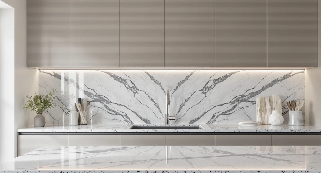 Seamless quartz or granite countertop extends up the wall as a backsplash, illustrating how to choose a kitchen backsplash without regrets and avoid common mistakes in backsplash decisions, perfect for visualizing backsplash options in small kitchens with one focal point rule for kitchen design.