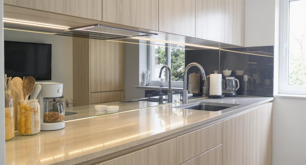 Modern small kitchen with a mirror backsplash reflecting cabinetry and natural light, visually expanding the space and highlighting one focal point rule in kitchen design. Best backsplash materials for small kitchens.