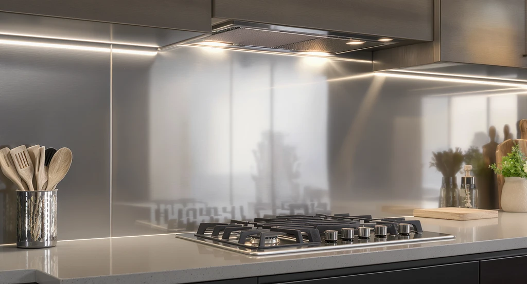 Stainless steel kitchen backsplash behind cooktop and countertop, illustrating how to choose a kitchen backsplash without regrets and highlighting best backsplash materials for small kitchens by visualizing backsplash options before remodeling.