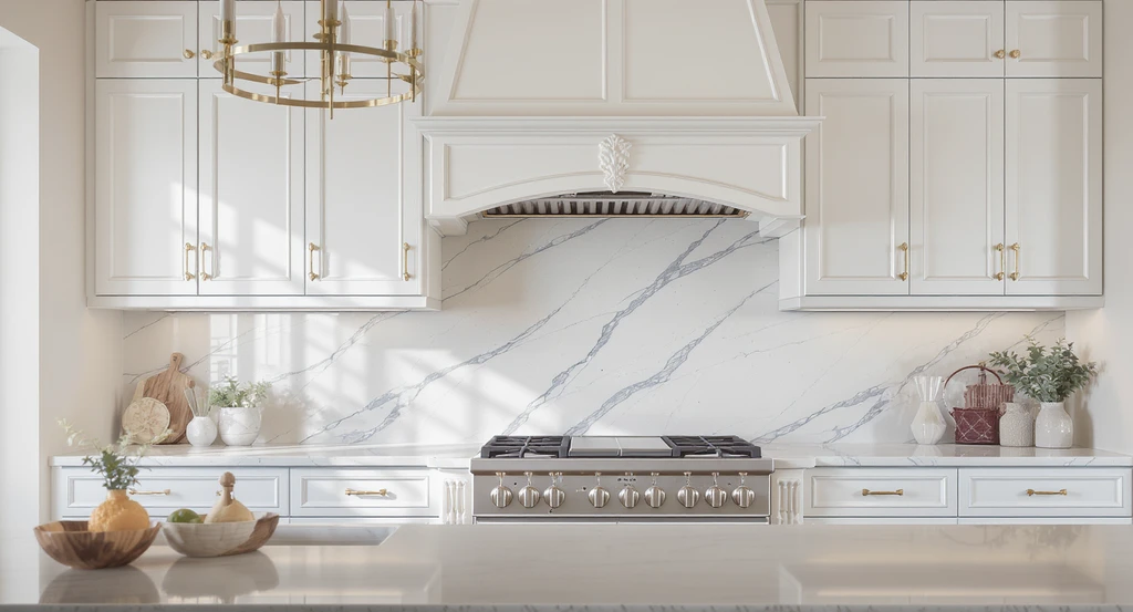 Spacious kitchen with ornate white cabinetry, distinctive hardware, and a full-height marble slab backsplash, illustrating how to choose a kitchen backsplash without regrets by following the one focal point rule for kitchen design and avoiding common mistakes in backsplash decisions.