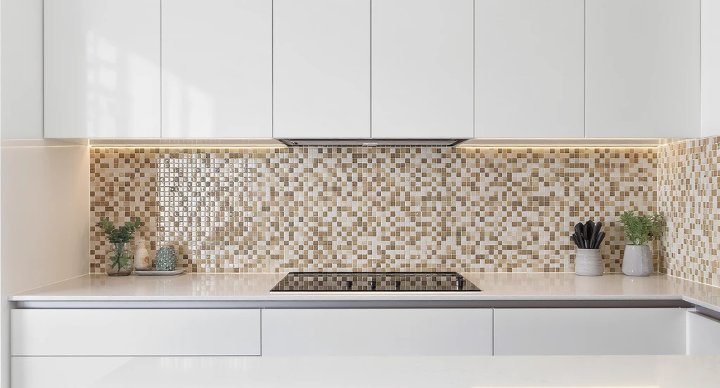 Photorealistic kitchen with white cabinets, light quartz counters, and a bold mosaic tile backsplash, illustrating how to choose a kitchen backsplash without regrets and avoid common mistakes in backsplash decisions by visualizing backsplash options before remodeling. Highlighting the one focal point rule for kitchen design and best backsplash materials for small kitchens.