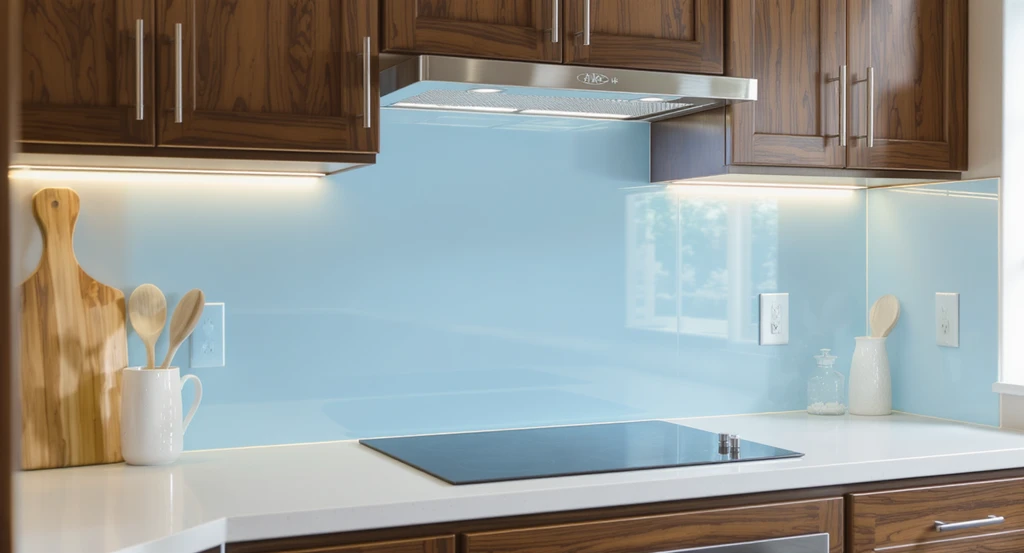 Ultra-realistic kitchen backsplash with high-gloss glass tile reflecting under-cabinet lighting—shows how to choose a kitchen backsplash without regrets and avoid common mistakes in backsplash decisions for small kitchens.