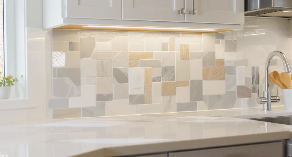 A kitchen wall with multiple peel-and-stick backsplash tile samples arranged side by side above the counter, showing how to choose a kitchen backsplash without regrets and avoid common mistakes in backsplash decisions by visualizing options before remodeling.