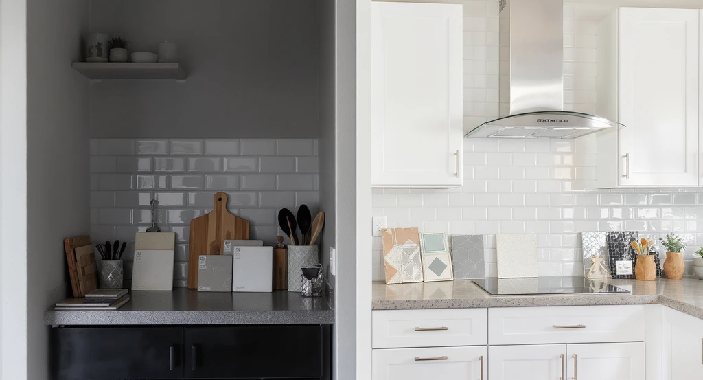 Modern kitchen showroom displaying different backsplash materials in two real kitchen settings, illustrating how to choose a kitchen backsplash without regrets by visualizing backsplash options, avoiding common mistakes in backsplash decisions, and comparing the best backsplash materials for small kitchens based on the one focal point rule for kitchen design.