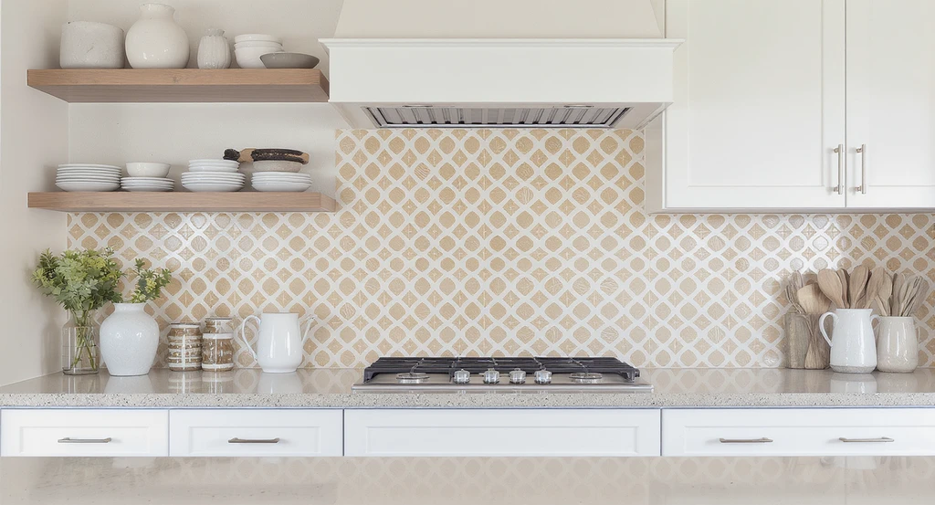 Modern kitchen with a Moroccan encaustic tile backsplash in bold geometric blue and white, showing the one focal point rule for choosing a kitchen backsplash without regrets and visualizing options before remodeling.