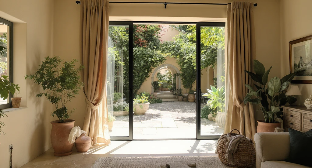 Italian living space with wide windows and stone flooring opens onto a lush courtyard, showing timeless design and eco-friendly materials for sustainable homes.