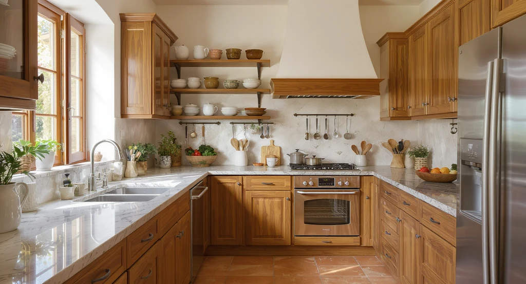 Timeless Italian kitchen with stone countertops, wood cabinets, terracotta floor, and eco-friendly, lasting materials for sustainable home design.