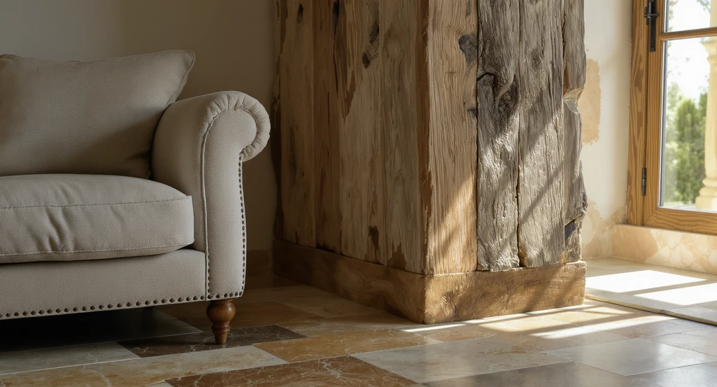 Italian-inspired room featuring a stone floor, aged wood beams, linen sofa, and a patina leather armchair—showcasing cost-effective materials that age well for timeless sustainable home design while reducing decor waste with long-term planning.