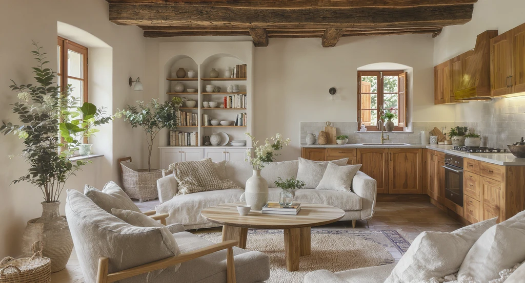 Photorealistic sunlit Italian living-dining room with natural stone floors, reclaimed beams, and eco-friendly, cost-effective materials that age beautifully, perfect for how to design a timeless sustainable home and avoiding wasteful home renovation mistakes.