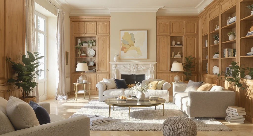 Photorealistic Italian living room with stone flooring, solid wood cabinetry, durable furnishings, and timeless materials chosen for long-term sustainability and reducing renovation waste.