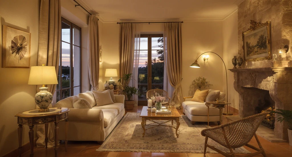 Italian living room at dusk with layered natural, ambient, task, and decorative lighting, illustrating how to design a timeless sustainable home by avoiding wasteful home renovation mistakes and using cost-effective, eco-friendly lighting and materials.