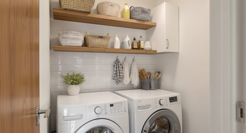 Photorealistic laundry room showing vertical storage upgrades—wall shelves, hooks, and cabinets—demonstrating functional storage solutions for laundry rooms.
