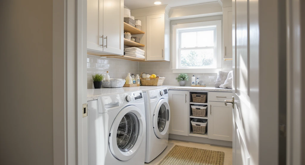 A realistic, modern small laundry room featuring stacked appliances, functional storage solutions, bright LED lighting, and a sleek tile backsplash.