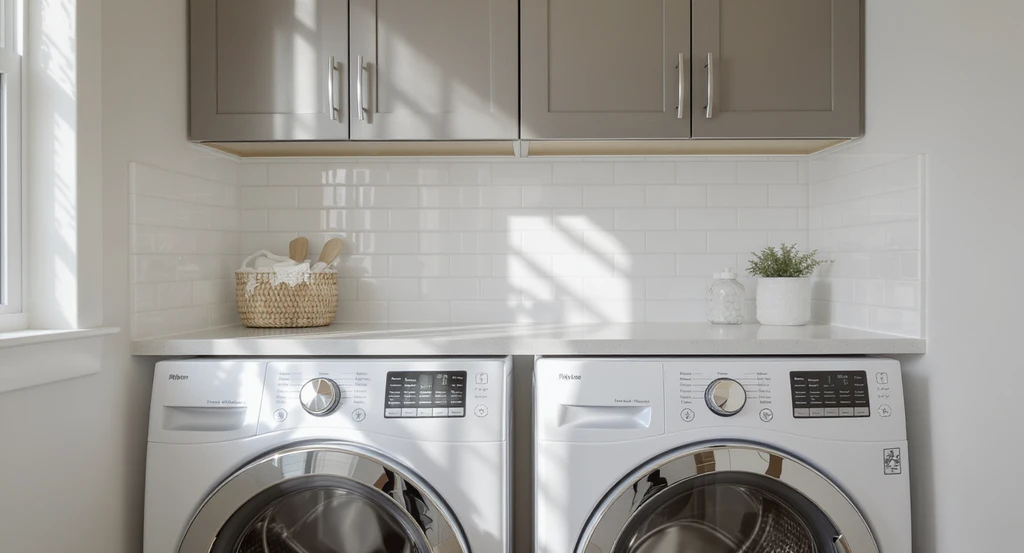 Laundry room with side-by-side washer and dryer, finished with a subway tile backsplash, ample lighting, and well-organized storage shelves.