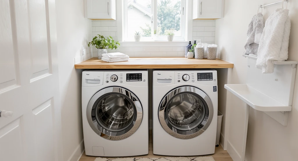 A compact laundry room upgrade with a dedicated folding zone on a butcher block counter above front-loaders, integrated storage, natural lighting, and a tile backsplash for an organized, efficient space.