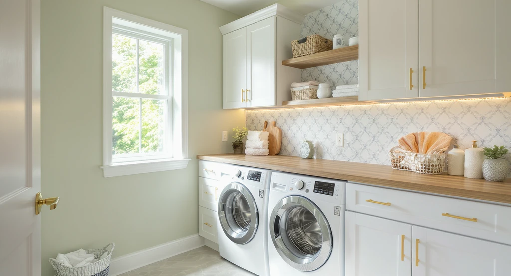 Laundry room with soft green walls, patterned blue backsplash, bright natural lighting, and organized storage shelves showcasing laundry room design upgrade ideas.