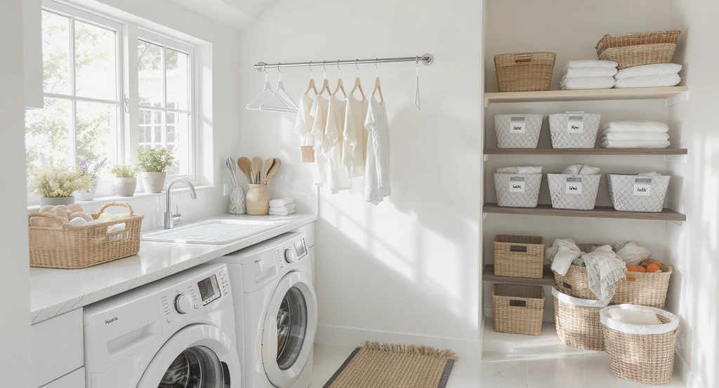 Functional laundry room with retractable clotheslines, pull-out drying rack, labeled bins and baskets, washable runner, and modern backsplash for organized space.