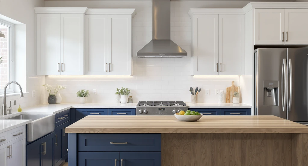 AI-generated kitchen remodel design shows white upper cabinets, navy lower cabinets, a wood island, and a fresh backsplash — an example of using ai tools for designing white kitchens with wood accents.
