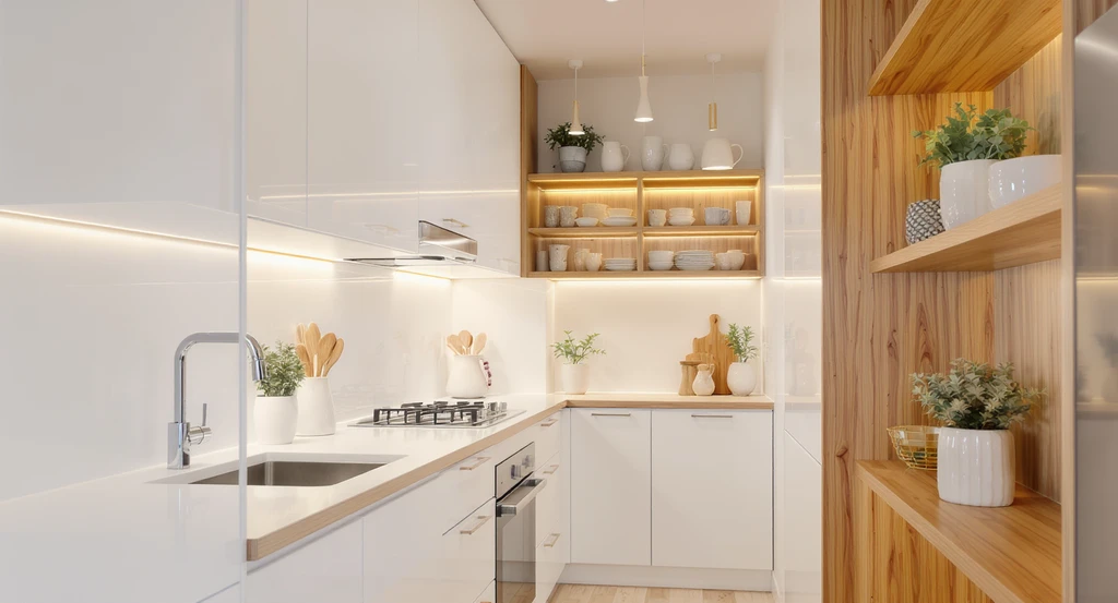 White kitchen with open wood shelves, layered lighting, and ai kitchen design ideas; shows how ai visualizes kitchen remodels using open shelving.