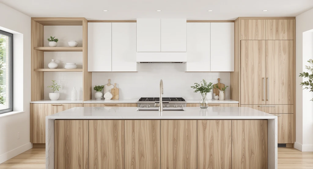 Modern white kitchen designed using ai tools, featuring white oak wood lower cabinets, wood island, open wood shelving, and natural light, visualized to highlight updated kitchen color schemes and ai kitchen design ideas with wood accents.