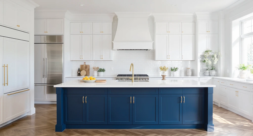 Photorealistic white kitchen with a deep blue statement island, wood-accent stools, and abundant natural light—AI kitchen design showing updated color schemes.