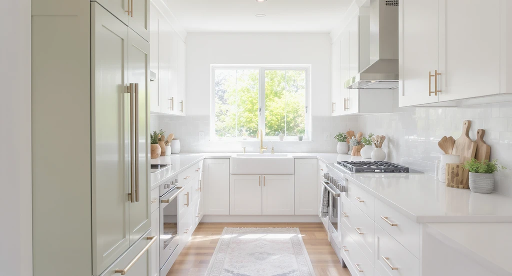 Ultra-realistic white kitchen with sage green pantry door, pastel accent tiles, a patterned rug, and colorful art, as shown by leading AI kitchen design tools.