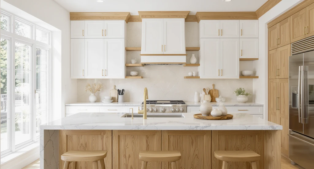 A photorealistic white kitchen features contemporary white cabinets, warm wood accents, textured stone countertops, and soft beige backsplash, showing how AI tools for designing white kitchens visualize current kitchen remodels and updated color schemes.