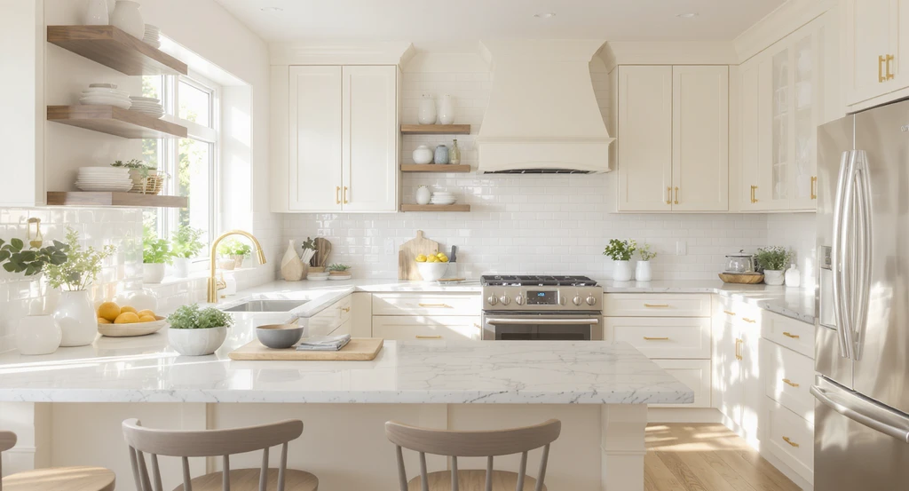 Warm white kitchen with creamy off-white cabinets, wood accents, and soft natural light, visualized using AI kitchen design software to update kitchen color schemes.