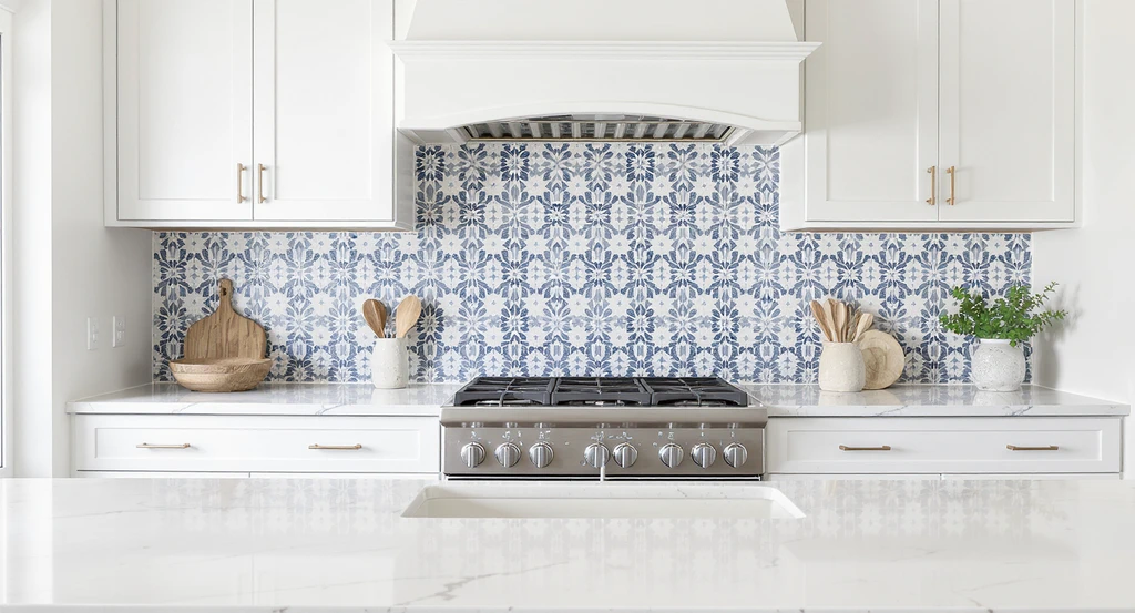 Photorealistic white kitchen with a statement handmade tile backsplash, showing how ai tools for designing white kitchens and kitchen remodels can create striking focal points while preserving a bright look.