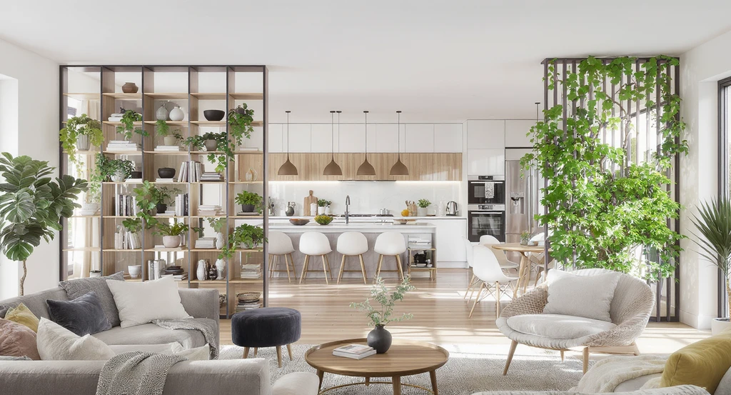Open-concept modern living room using a sleek shelving divider and biophilic screen, showcasing creative modern living room divider ideas and trends for 2026.