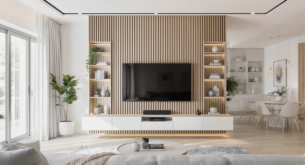 Modern living room with a floating TV partition of wood slats and open shelving, showcasing one of the best open shelving divider styles for small spaces.