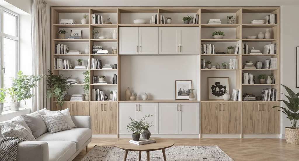 Creative modern living room divider idea featuring a multifunctional storage wall with open shelves and cabinets, showcasing best open shelving divider styles, how to choose a room divider for small spaces, and living room divider trends for 2026, with natural lighting and biophilic accents.