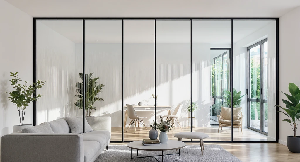 Modern living room with a floor-to-ceiling ribbed glass and black metal divider, maximizing light and illustrating creative divider ideas for small spaces.