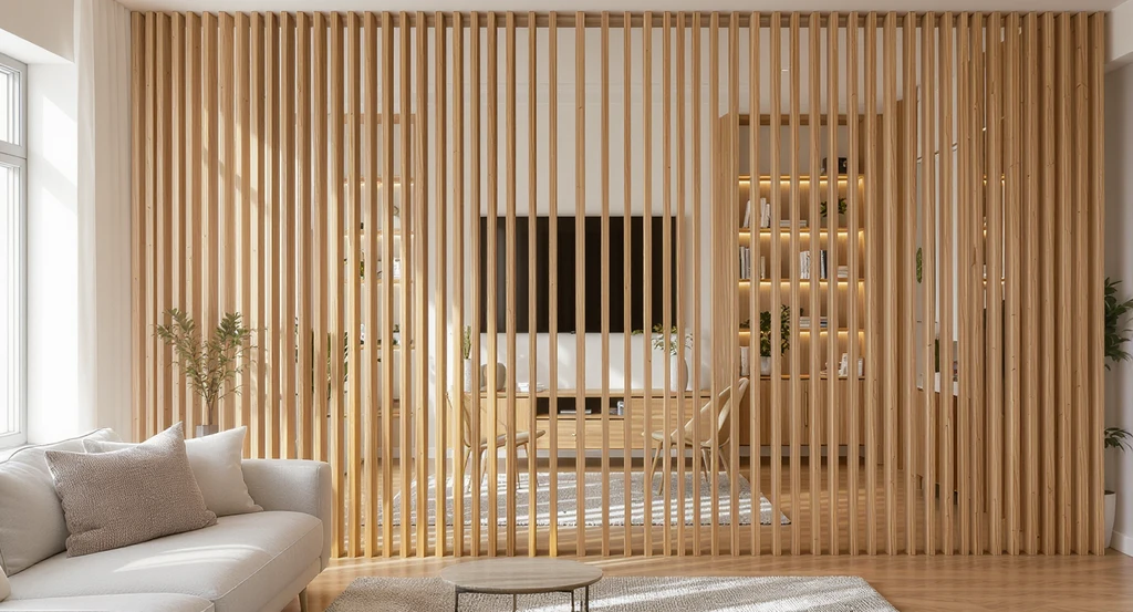 Modern living room featuring a wooden slat partition, a trending divider style in 2026, creating subtle separation with natural light and warm finishes.
