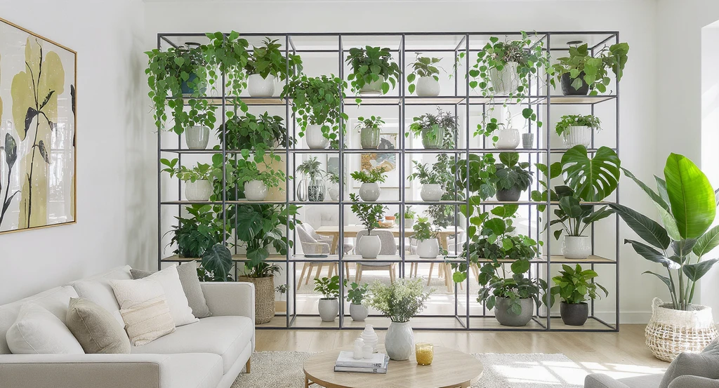 Photorealistic living room with a modern biophilic divider made of open shelving and lush greenery, exemplifying creative living room divider trends for 2026 using indoor plant walls.