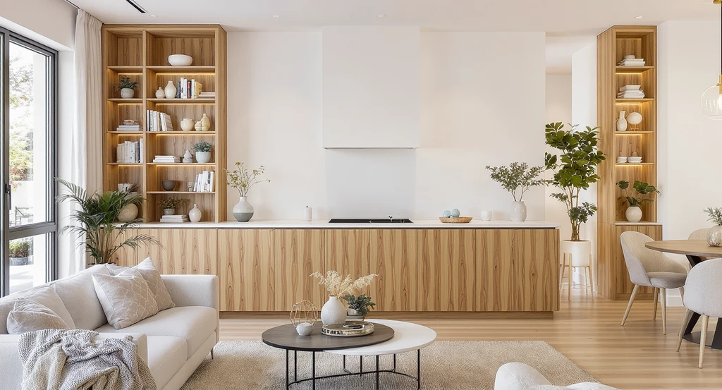 Modern living room featuring a wood and stone half-wall divider with open shelving and a built-in banquette, showcasing top divider trends for 2026.