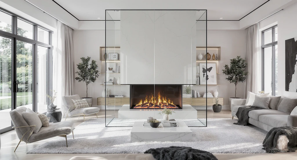 Creative modern living room divider idea featuring a double-sided glass fireplace as a focal point, showcasing best divider trends for 2026 in luxury interiors.