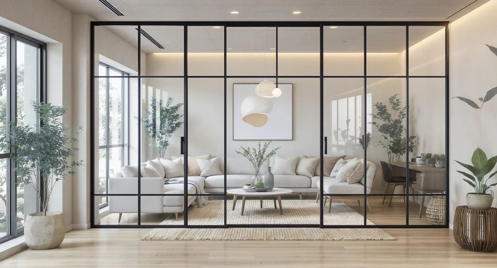Sleek black metal frame divider with glass panels separates a modern Japandi living room, illustrating best open shelving divider styles and 2026 trends.