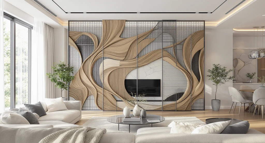 Artistic feature divider with sculptural wood curls and geometric metal screens in a modern living room, showing creative modern living room divider ideas, best open shelving divider styles, and trends for 2026.