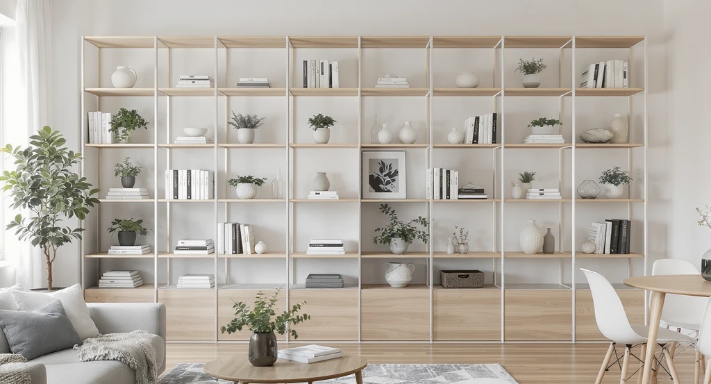 Modern living room with an open shelving divider, styled with books, plants, and art, illustrating best open shelving divider styles and creative modern living room divider ideas for small spaces.