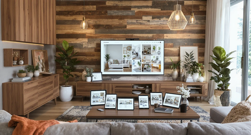 Modern living room with eco-friendly features and digital screens showing ai-powered sustainable interior design solutions for virtual staging and green upgrades.