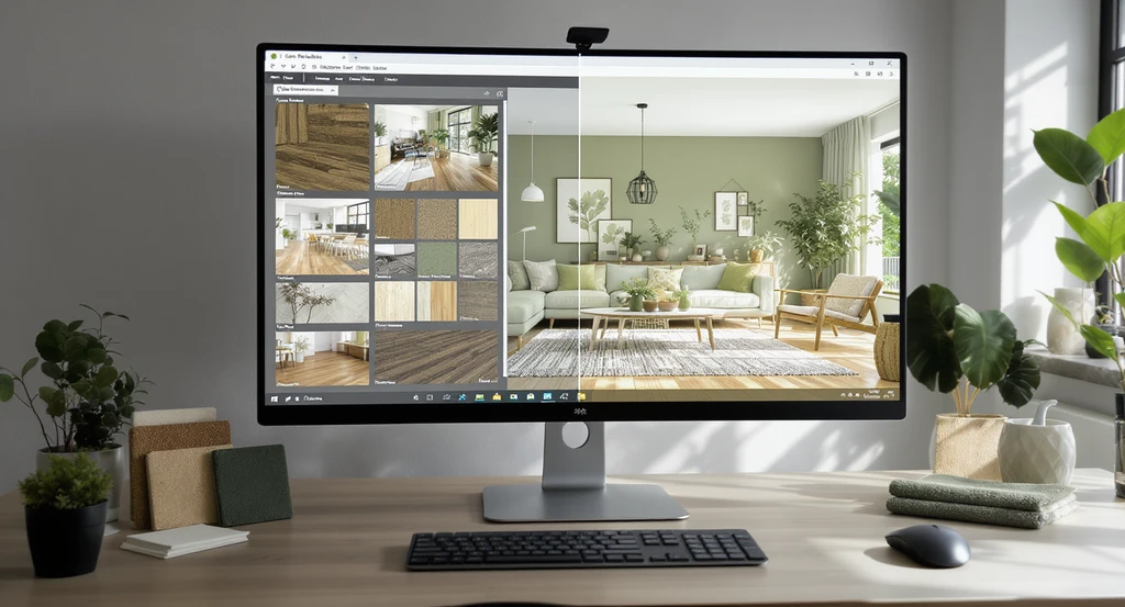 AI-powered sustainable interior design solutions in action—virtual staging and material previews for eco-friendly home upgrades, showcasing the best AI tools for sustainable renovation planning and the impact of AI design tools on home resale value.