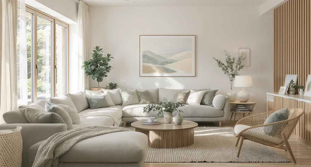 Photorealistic living room showcasing ai-powered sustainable interior design solutions with believable space, natural light, eco-friendly furnishings, and realistic green home upgrades.