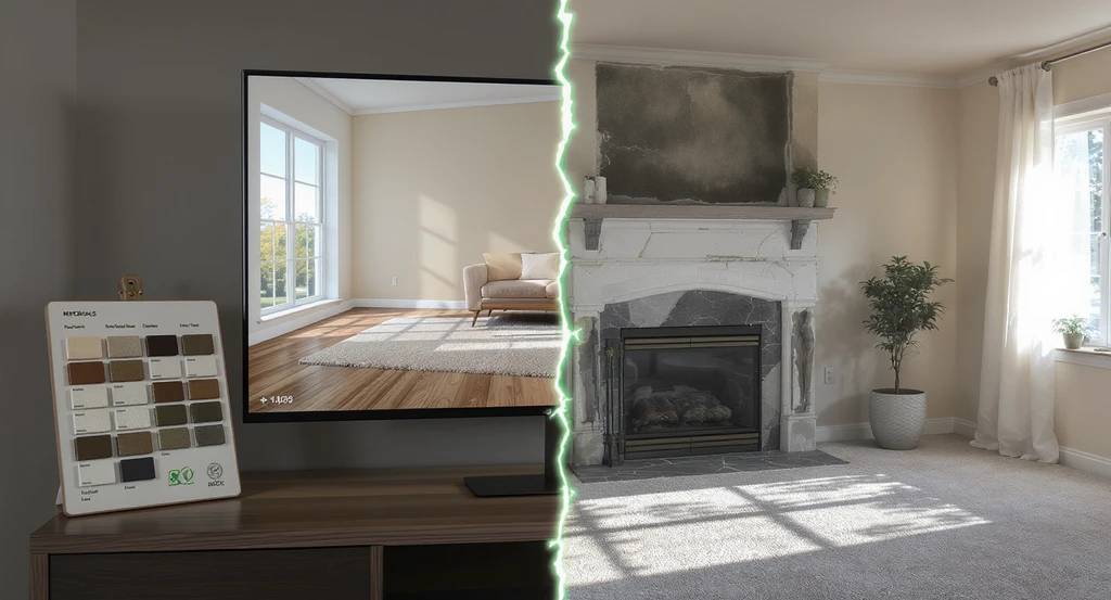 Photorealistic split-screen of a living room shows ai-powered sustainable interior design solutions for eco-friendly upgrades, with virtual staging preview and green materials on display.