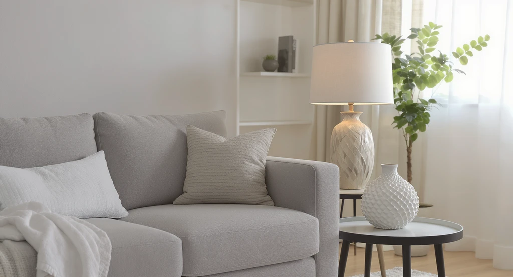 Modern living room with statement lamp, textured vase, and curated decor, showing home design ideas for visualization gap and easy room upgrades.