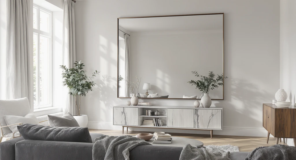 Oversized mirror reflecting daylight from a window in a modern living room, illustrating home design ideas for people with aphantasia and spatial imagination challenges.